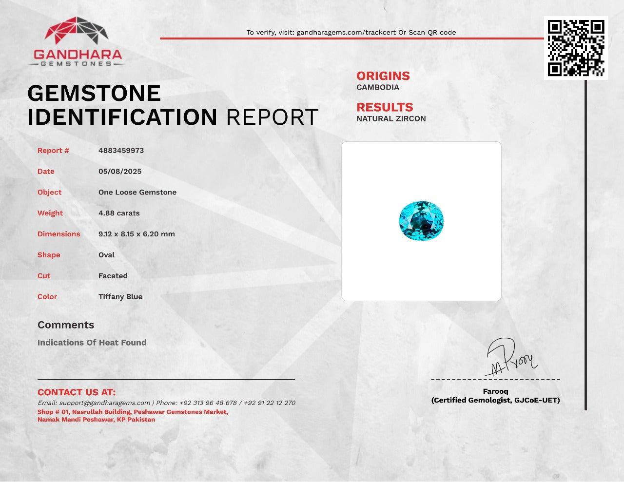 4.88 Carats Tiffany Blue Zircon Stone