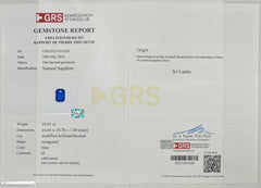 10.91 Carat GRS Certified Blue Sapphire