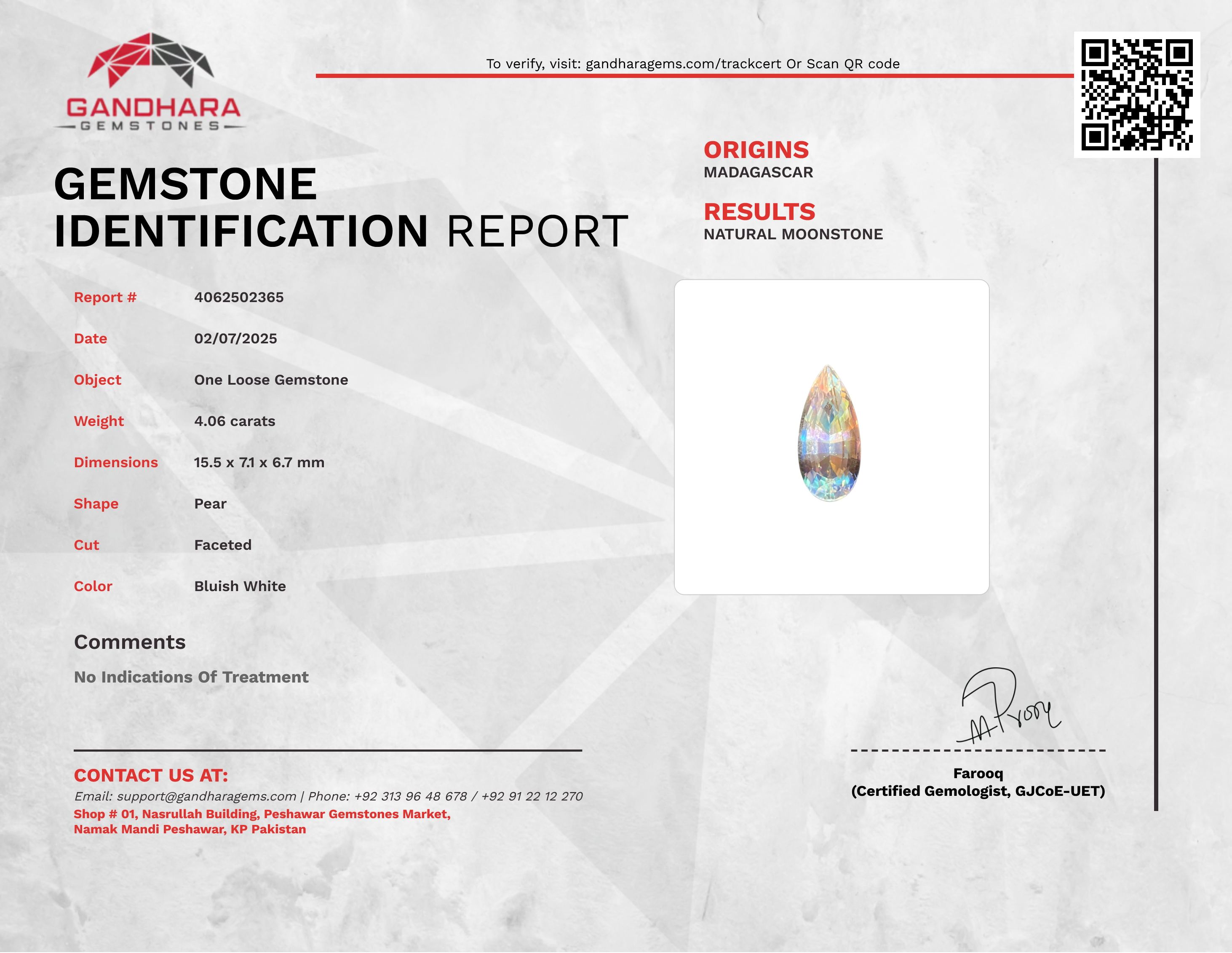 4.06 Carats Faceted Moonstone Pear Cut